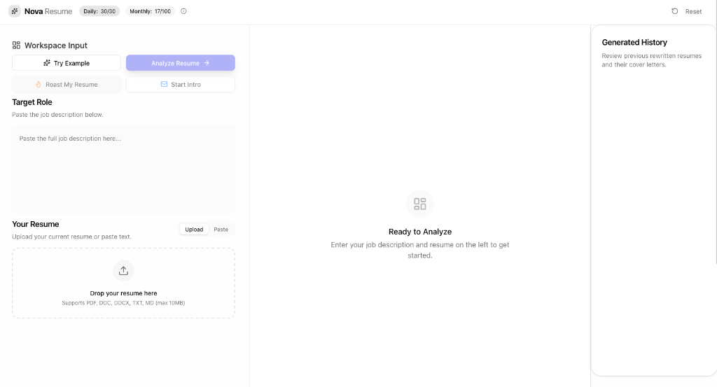 Nova Labs AI Resume Optimizer Interface